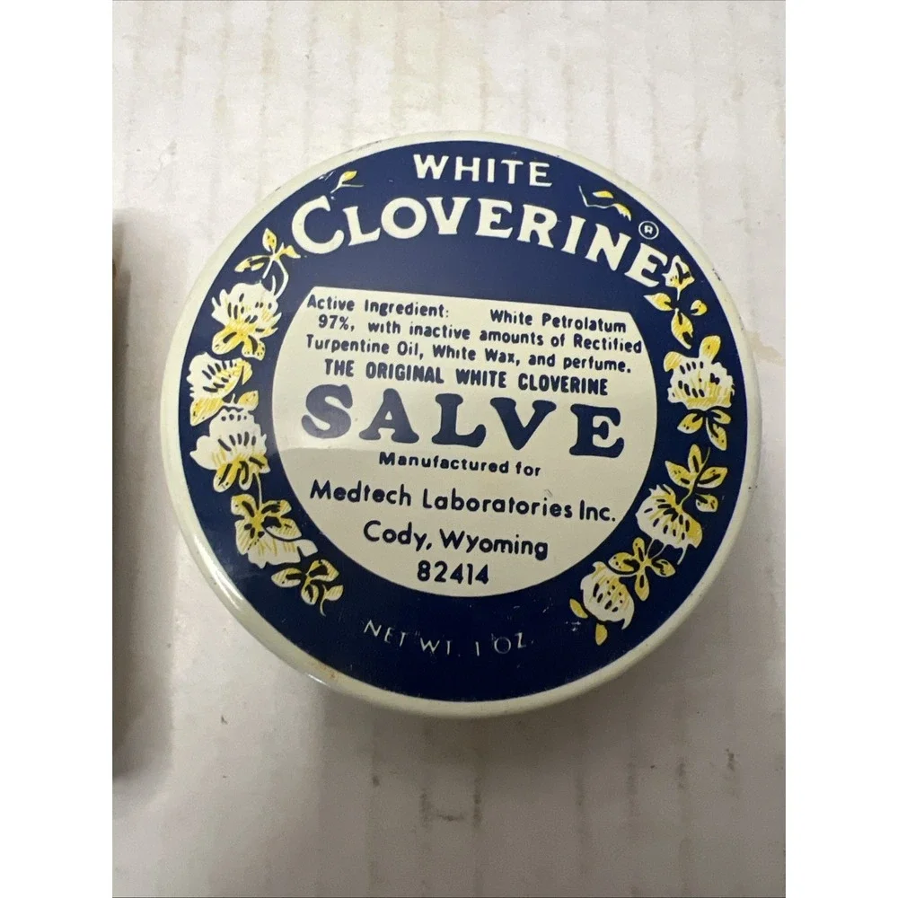 Vintage White Cloverine Salve Tin Bright Graphics With Salve Inside Great Colors